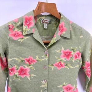 Tommy Bahama‎ Silk Floral Blouse Top Button Down 3/4 Sleeve Green Pink Size 6